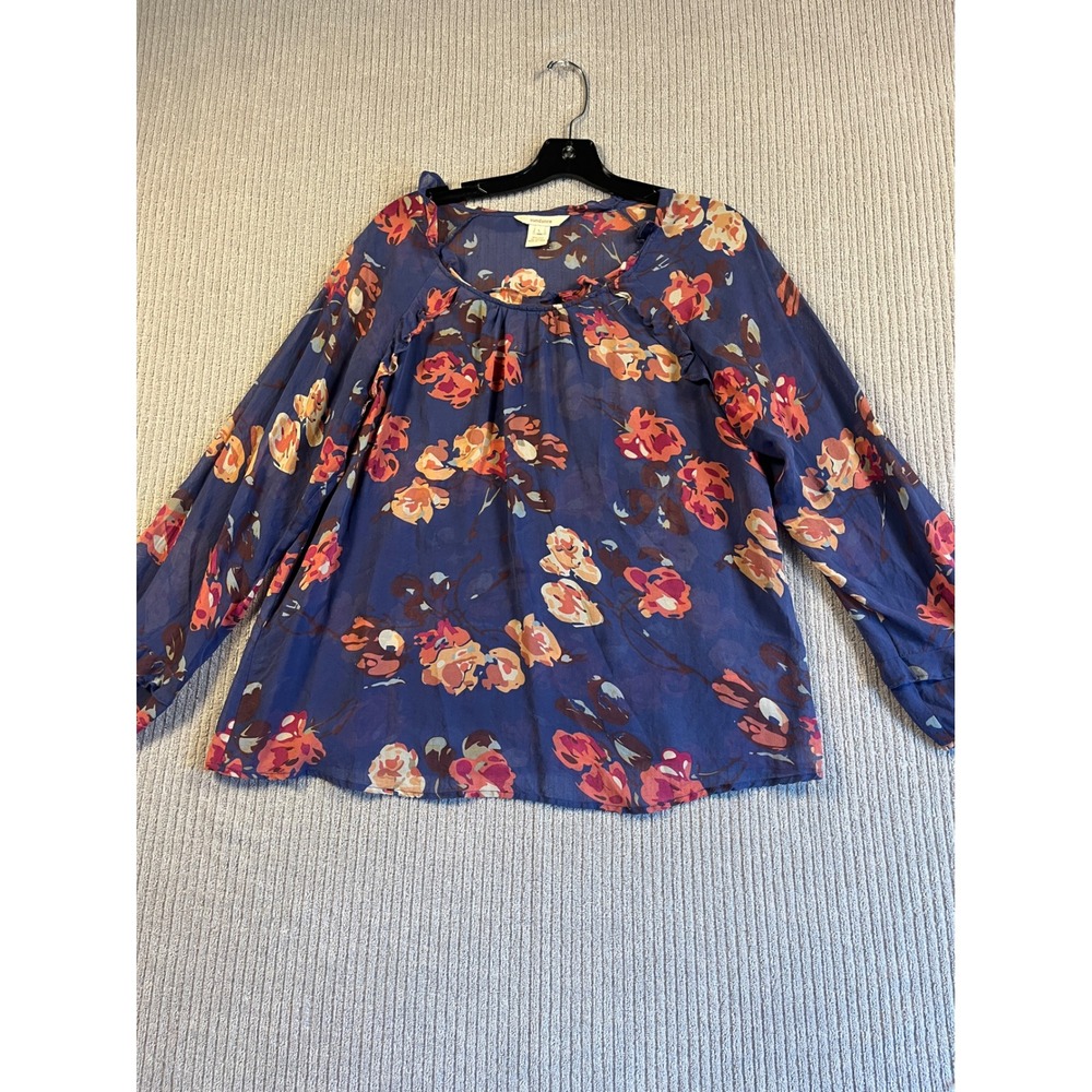 Sundance Womens L Purple Floral 100% Silk Sheer Ruffle Long Sleeve Blouse Top